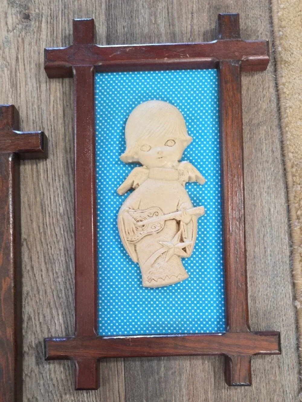 MCM Blue Backed Wall Plaque Triptych with Dark Wood Frames Vintage Angels.